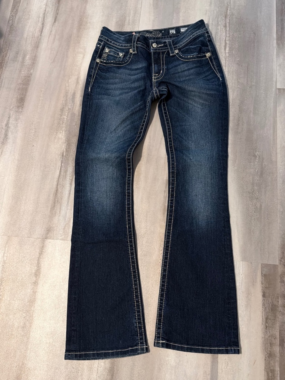 Miss Me signature rose boot cut dark wash jeans